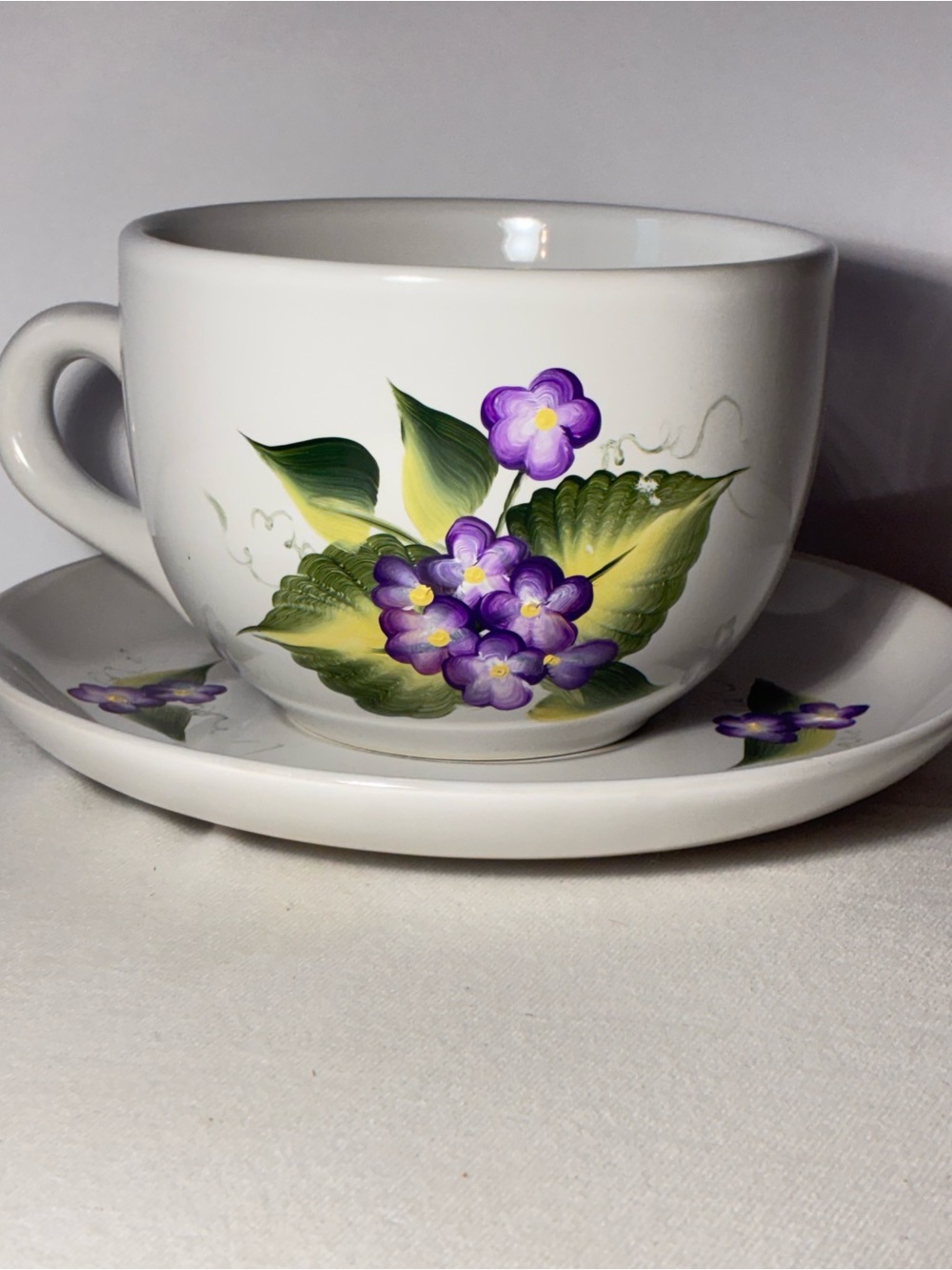 Vintage Hand Painted Floral Oversized Teacup & Saucer Purple Violet One Stroke P